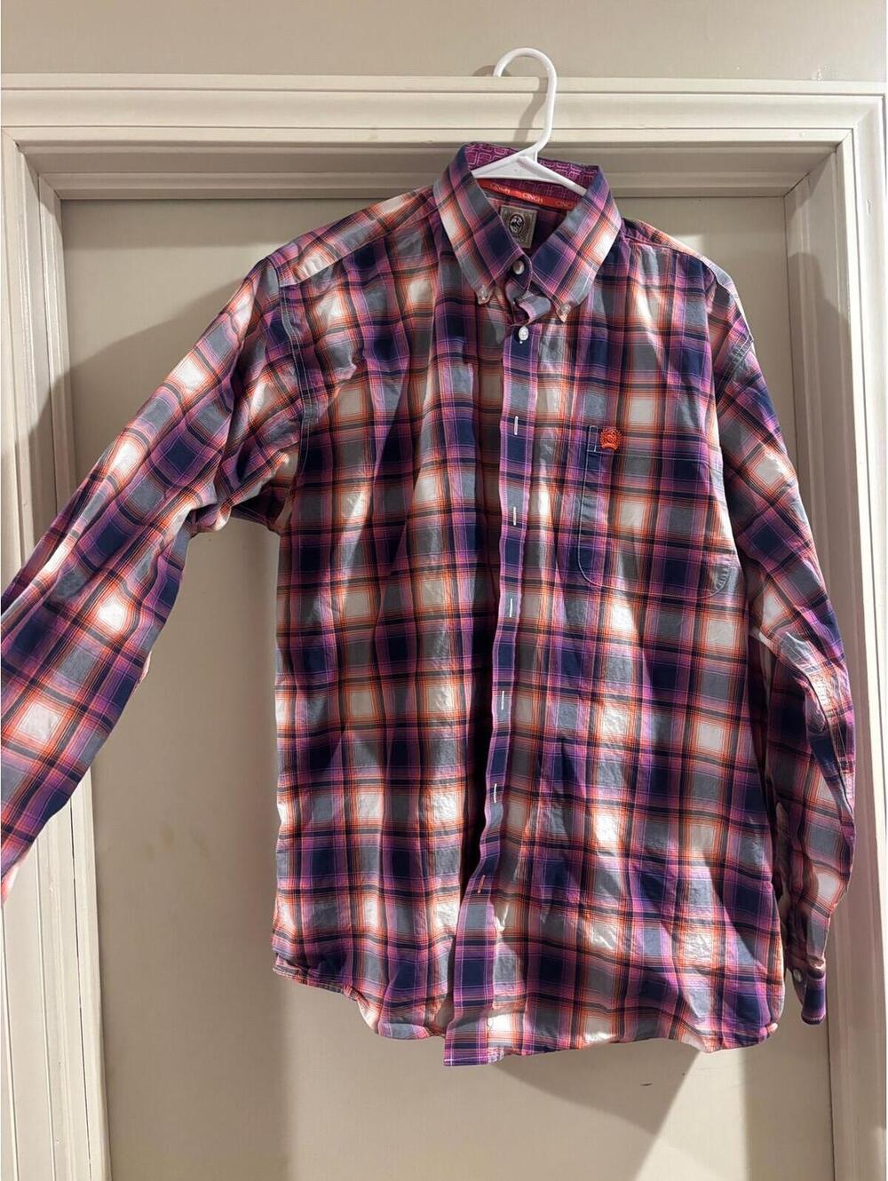 Cinch Plaid Button Down Shirt Large Purple Western Oversized